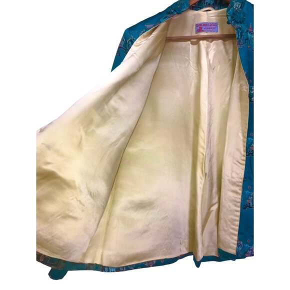 VTG 50's Golden Lotus at Waikiki Satin Embroidered Jacket Pockets Teal Boho Sz L - Picture 3 of 11